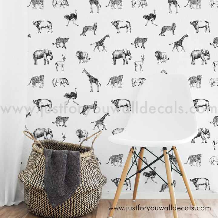 Black and white nursery safari animal wallpaper peel and stick removable, kids wallpaper