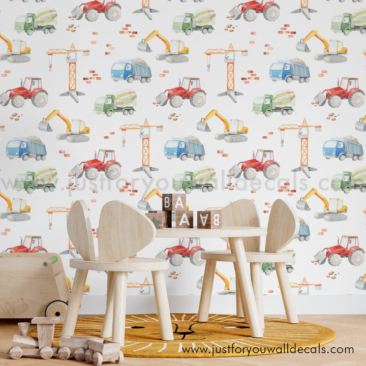 Truck construction boys wallpaper peel and stick, boys nursery peel and stick. Removable wallpaper