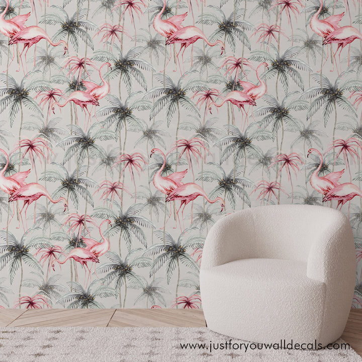 Flamingo with Palm Tree Removable Peel and Stick Wallpaper, Tropical Wallpaper, Removable Pre-Pasted Wallpaper