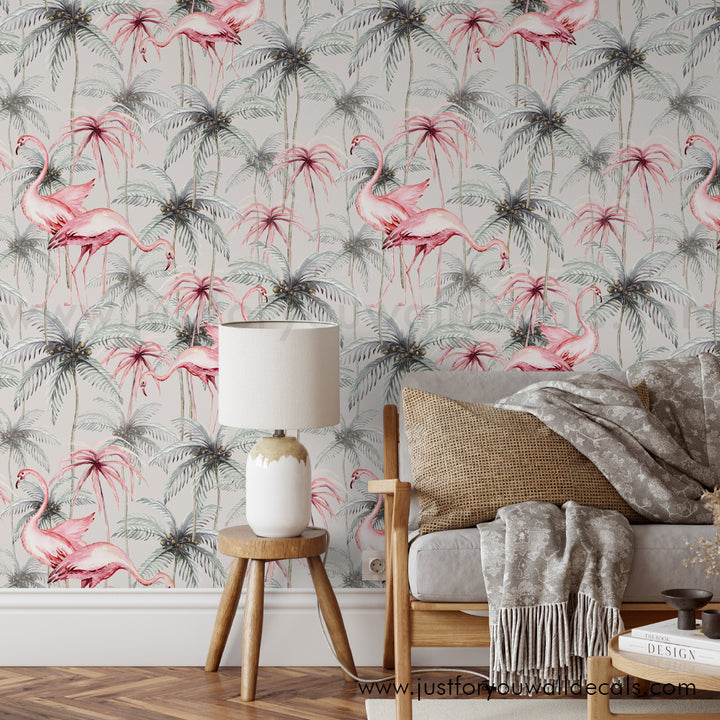 Flamingo with Palm Tree Removable Peel and Stick Wallpaper, Tropical Wallpaper, Removable Pre-Pasted Wallpaper