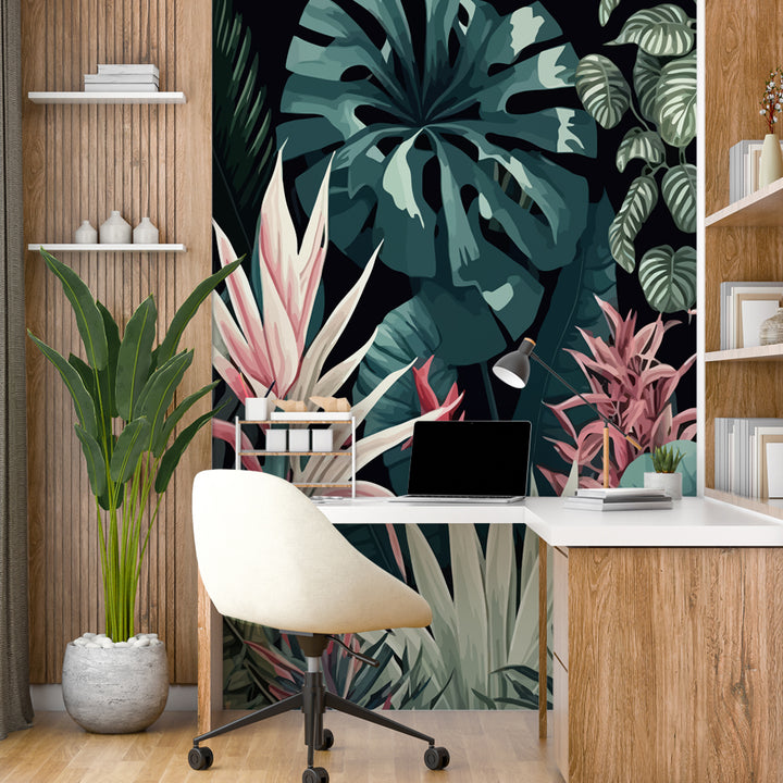 Tropical Peel and Stick Wallpaper Featuring Lush Green Leaves and Pink Tropical Flowers on a Black Background, Tropical Wallpaper 