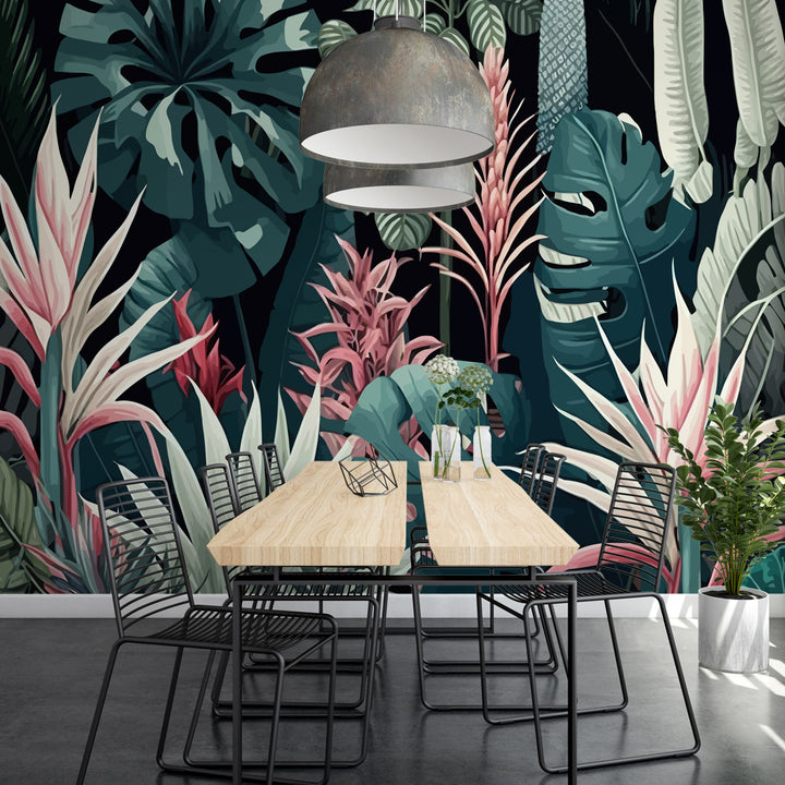 A bold tropical wallpaper featuring lush green leaves and pink tropical flowers on a black background, perfect for creating a vibrant and stylish interior