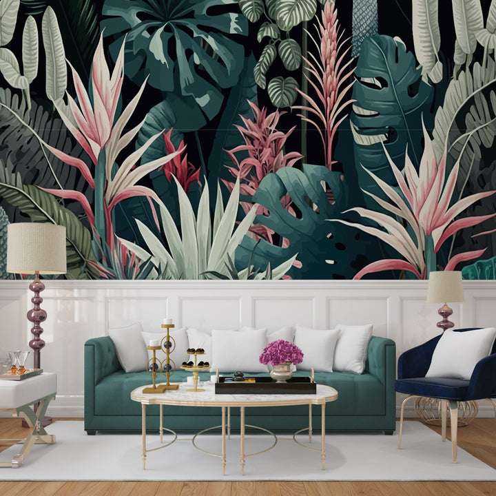 Tropical Peel and Stick Wallpaper Featuring Lush Green Leaves and Pink Tropical Flowers on a Black Background, Tropical Wallpaper 