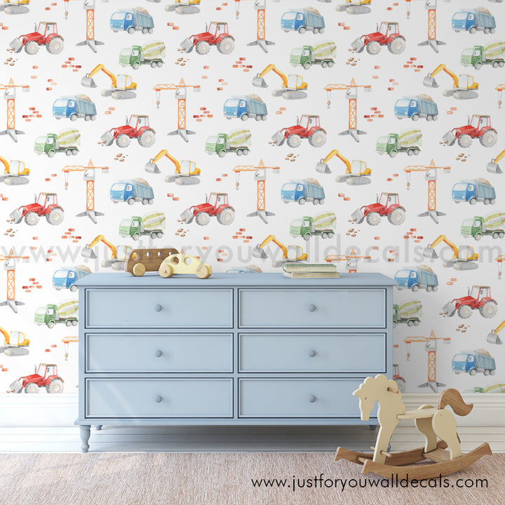 Truck construction boys wallpaper peel and stick, boys nursery peel and stick. Removable wallpaper