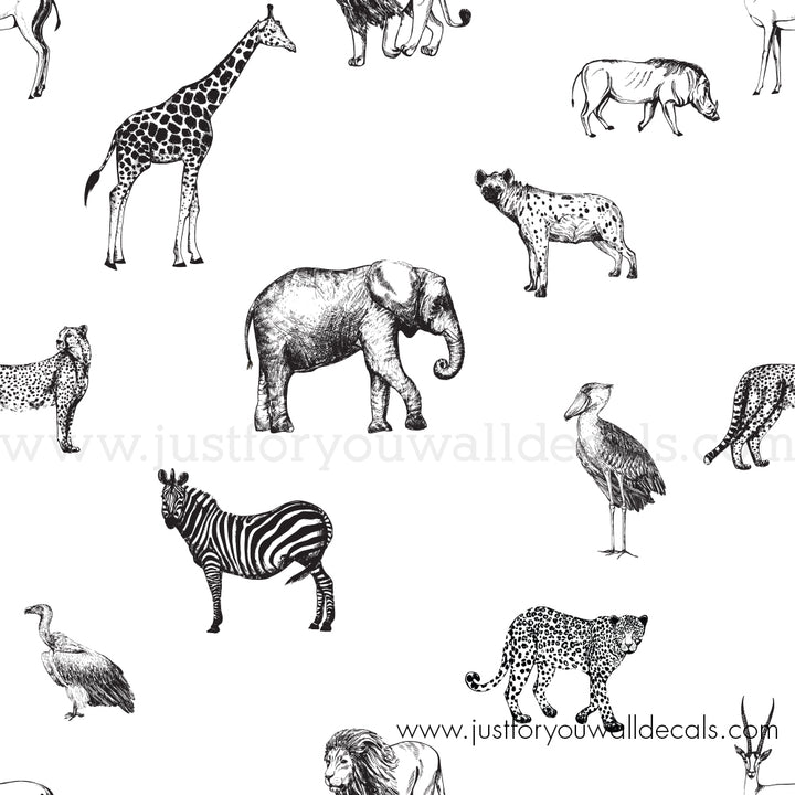 Black and white nursery safari animal wallpaper peel and stick removable, kids wallpaper