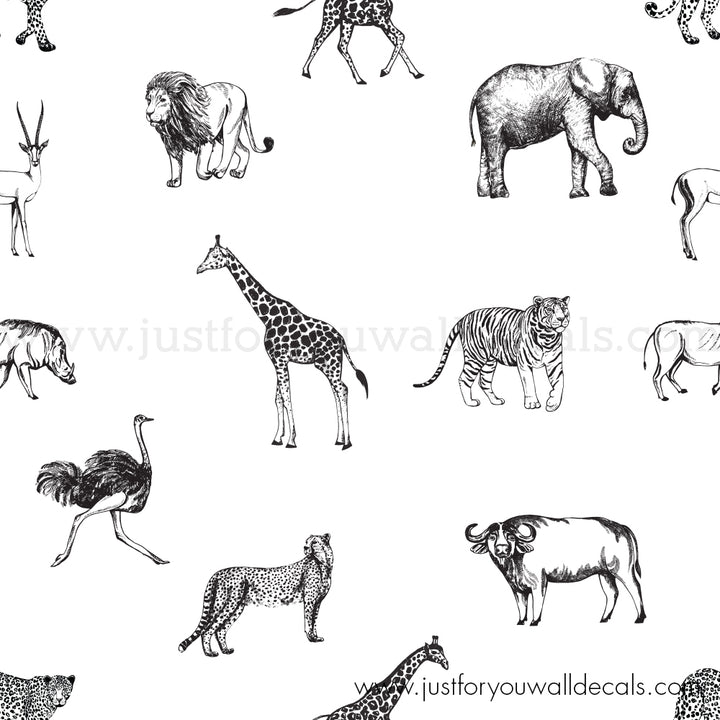 Black and white nursery safari animal wallpaper peel and stick removable, kids wallpaper