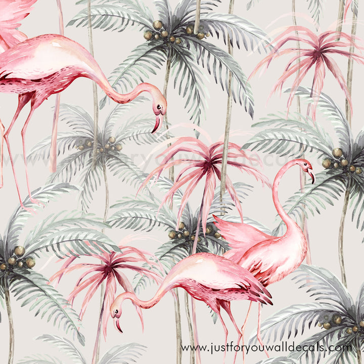 Flamingo with Palm Tree Removable Peel and Stick Wallpaper, Tropical Wallpaper, Removable Pre-Pasted Wallpaper