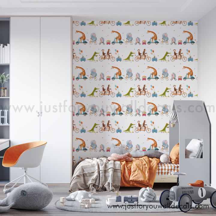 Giraffe Monkey Alligator Animals on bikes wallpaper, baby boy nursery wallpaper peel and stick removable