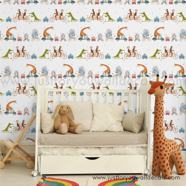 Kids animals on bikeswallpaper, baby boy nursery wallpaper peel and stick removable