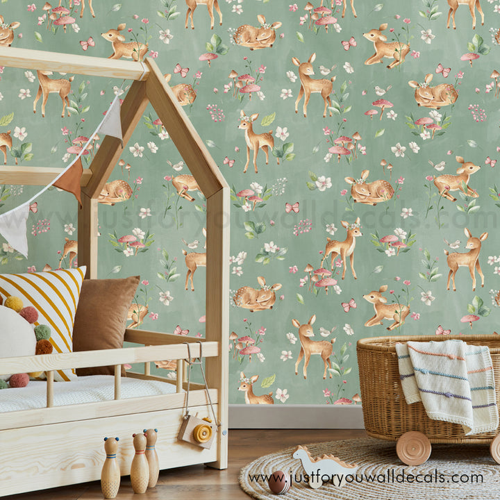 woodland animal nursery wallpaper, baby girl nursery wallpaper, deer wallpaper, vintage animal floral wallpaper, peel and stick wallpaper, removable wallpaper