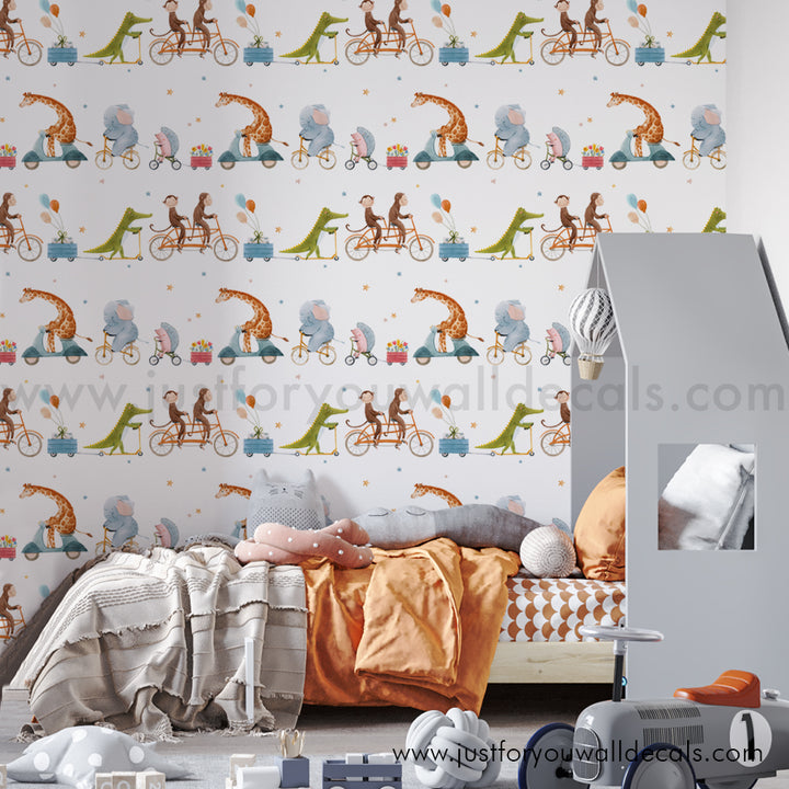 Giraffe Monkey Alligator Animals on bikes wallpaper, baby boy nursery wallpaper peel and stick removable