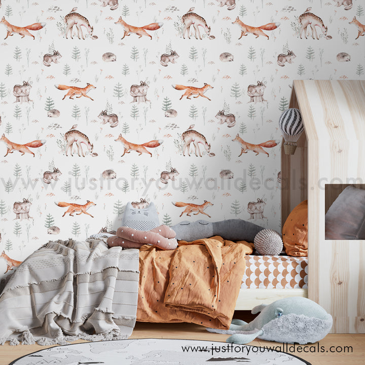 Woodland animal wallpaper, baby boy nursery wallpaper peel and stick removable, fox deer nursery wallpaper