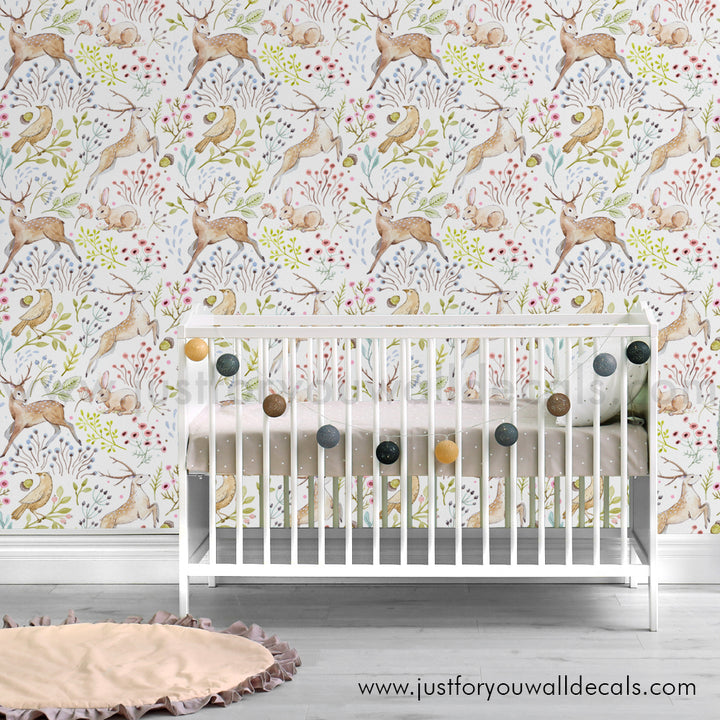 Woodland animal wallpaper, baby boy nursery wallpaper peel and stick removable, fox deer forest bird rabbit nursery wallpaper