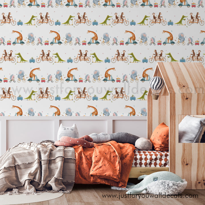 Kids animals on bikeswallpaper, baby boy nursery wallpaper peel and stick removable