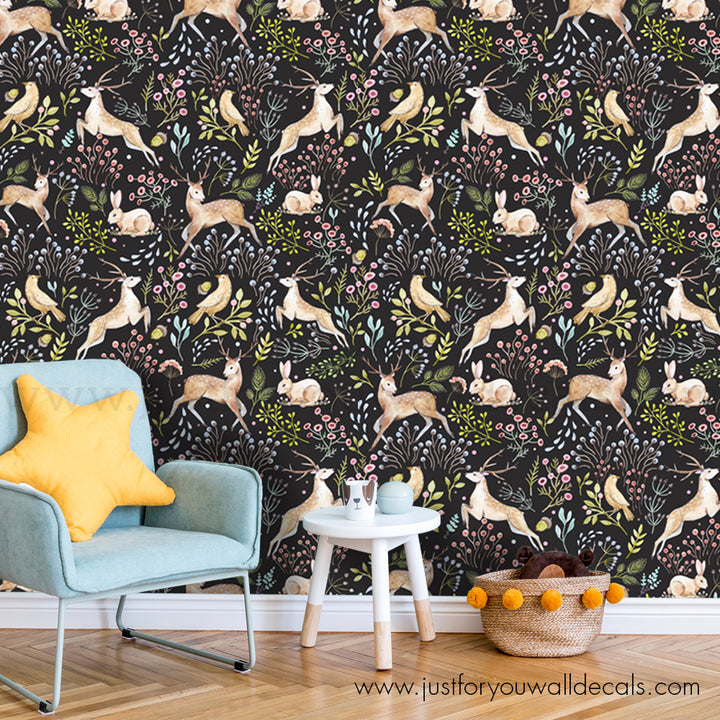 Woodland animal wallpaper, baby boy nursery wallpaper peel and stick removable, fox deer forest bird rabbit nursery wallpaper