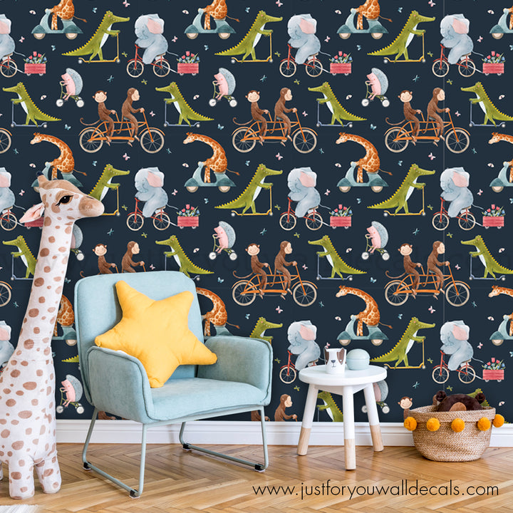 Kids animals on bikeswallpaper, baby boy nursery wallpaper peel and stick removable