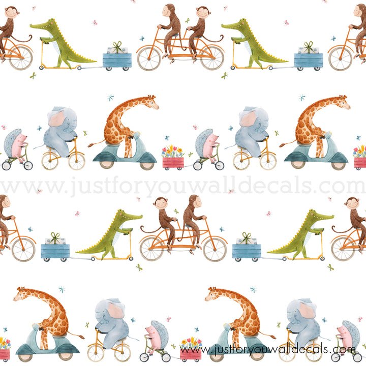 Kids animals on bikeswallpaper, baby boy nursery wallpaper peel and stick removable