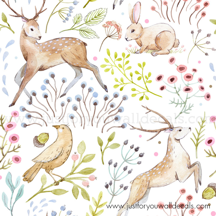 Woodland animal wallpaper, baby boy nursery wallpaper peel and stick removable, fox deer forest bird rabbit nursery wallpaper