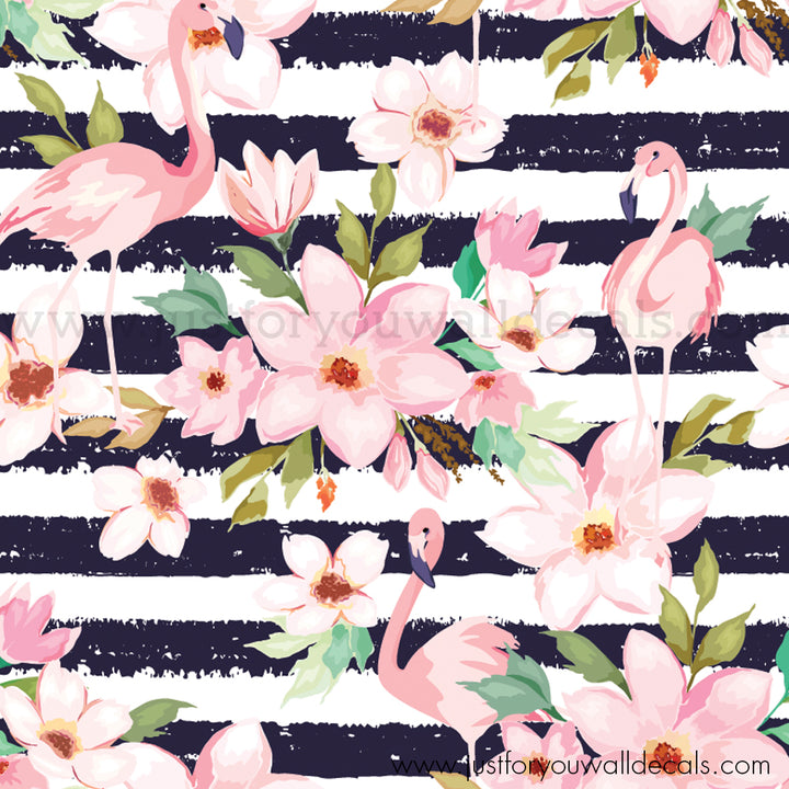 Modern Floral with flamingos and stripes peel and stick wallpaper removable