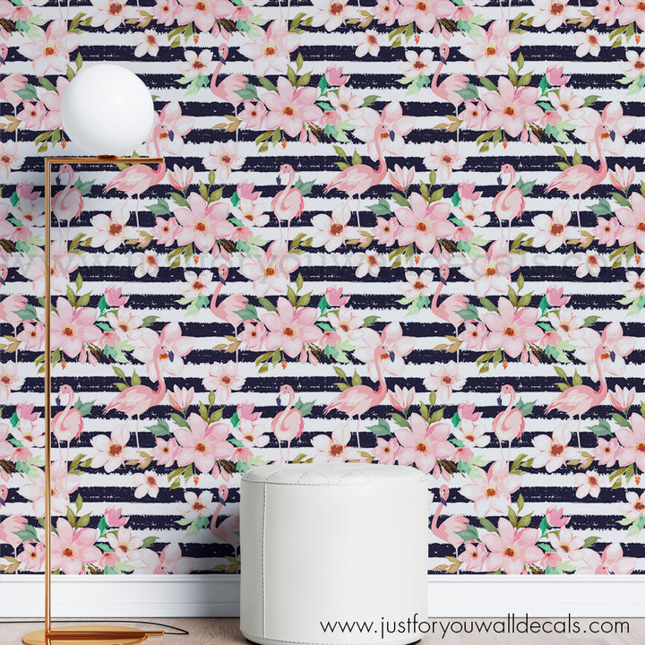 Modern Floral with flamingos and stripes peel and stick wallpaper removable