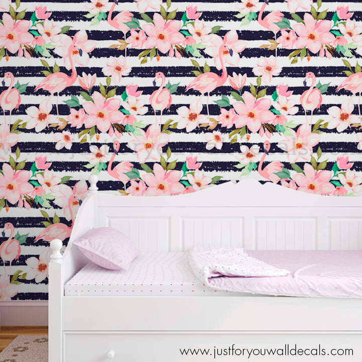 Modern Floral with flamingos and stripes peel and stick wallpaper removable