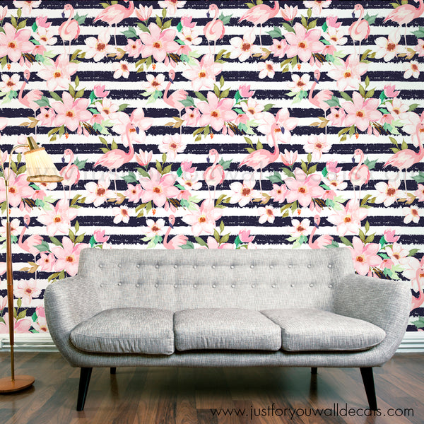 Modern Floral with flamingos and stripes peel and stick wallpaper removable