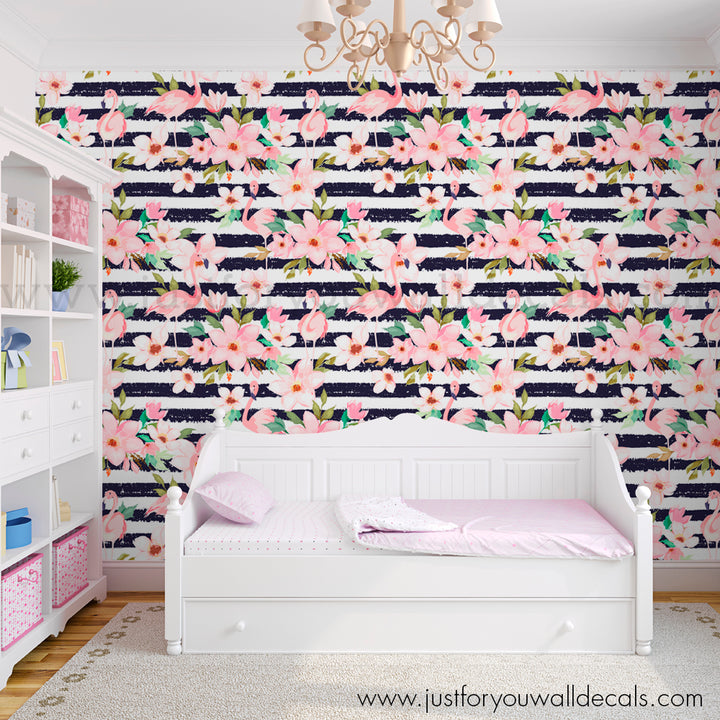 Modern Floral with flamingos and stripes peel and stick wallpaper removable