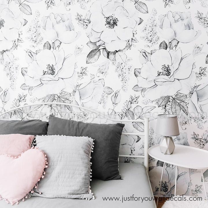 girls room black and white floral wallpaper peel and stick 