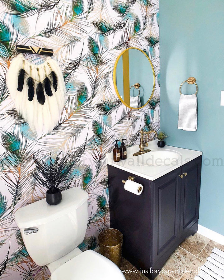 bathroom bird peacock feather peel and stick wallpaper removable