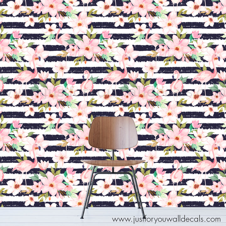 Modern Floral with flamingos and stripes peel and stick wallpaper removable