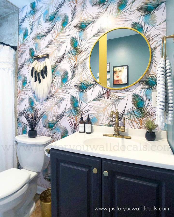 powder room bird peacock feather peel and stick wallpaper removable