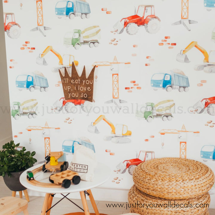 Truck construction boys wallpaper peel and stick, boys nursery peel and stick. Removable wallpaper