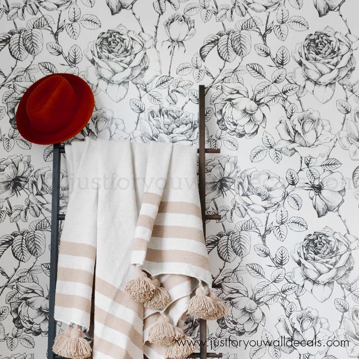 bathroom black and white floral wallpaper